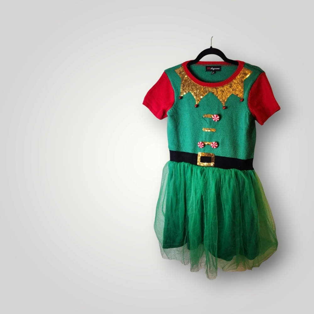 33 Degrees  Ugly Sweater Elf Dress Tulle Green Jingle Bell Sequin Dress M